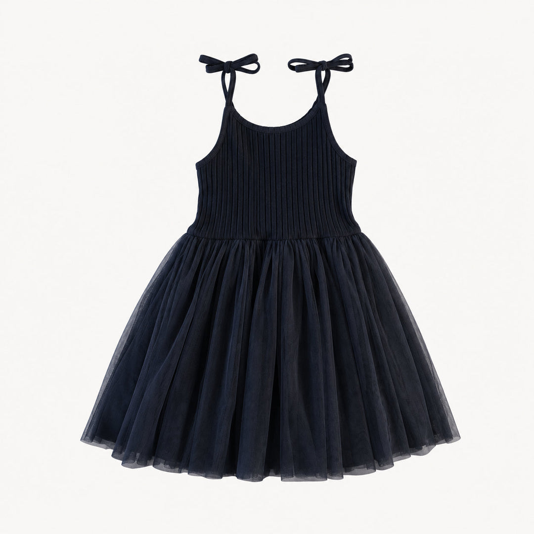 PREORDER spaghetti tie ballerina tulle dress | black | organic cotton wide rib