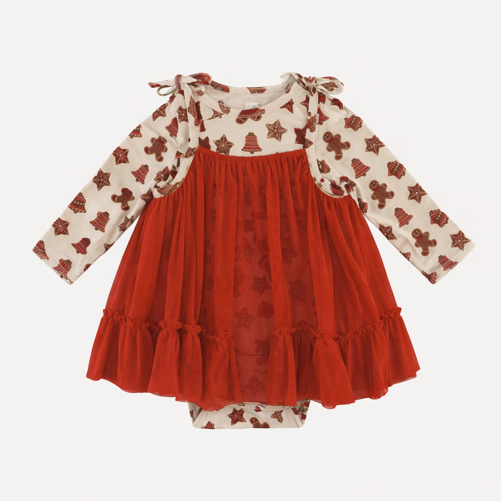 long sleeve ballerina tulle dress bodysuit | gingerbread cookies | organic cotton flat rib