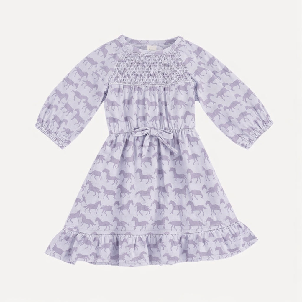 long sleeve smocked dress | lavender horses | organic cotton jersey
