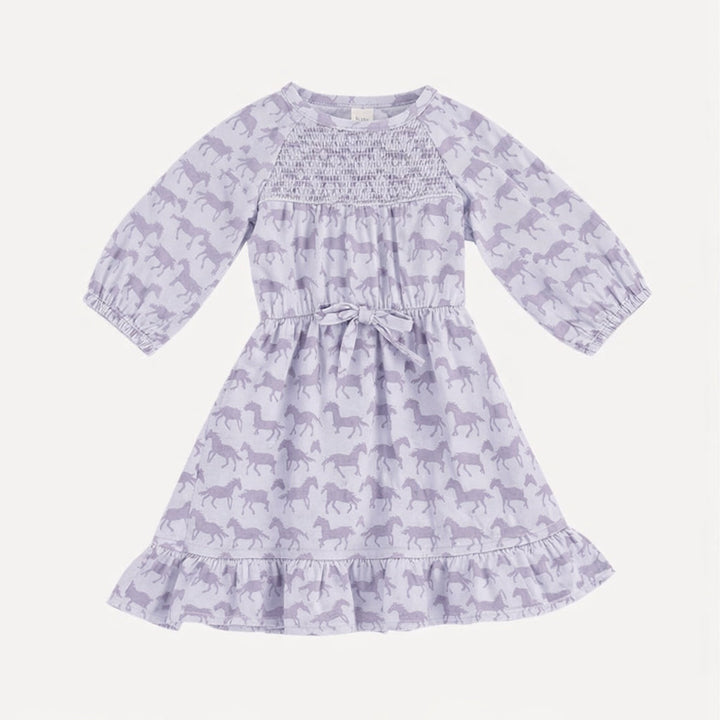 long sleeve smocked dress | lavender horses | organic cotton jersey