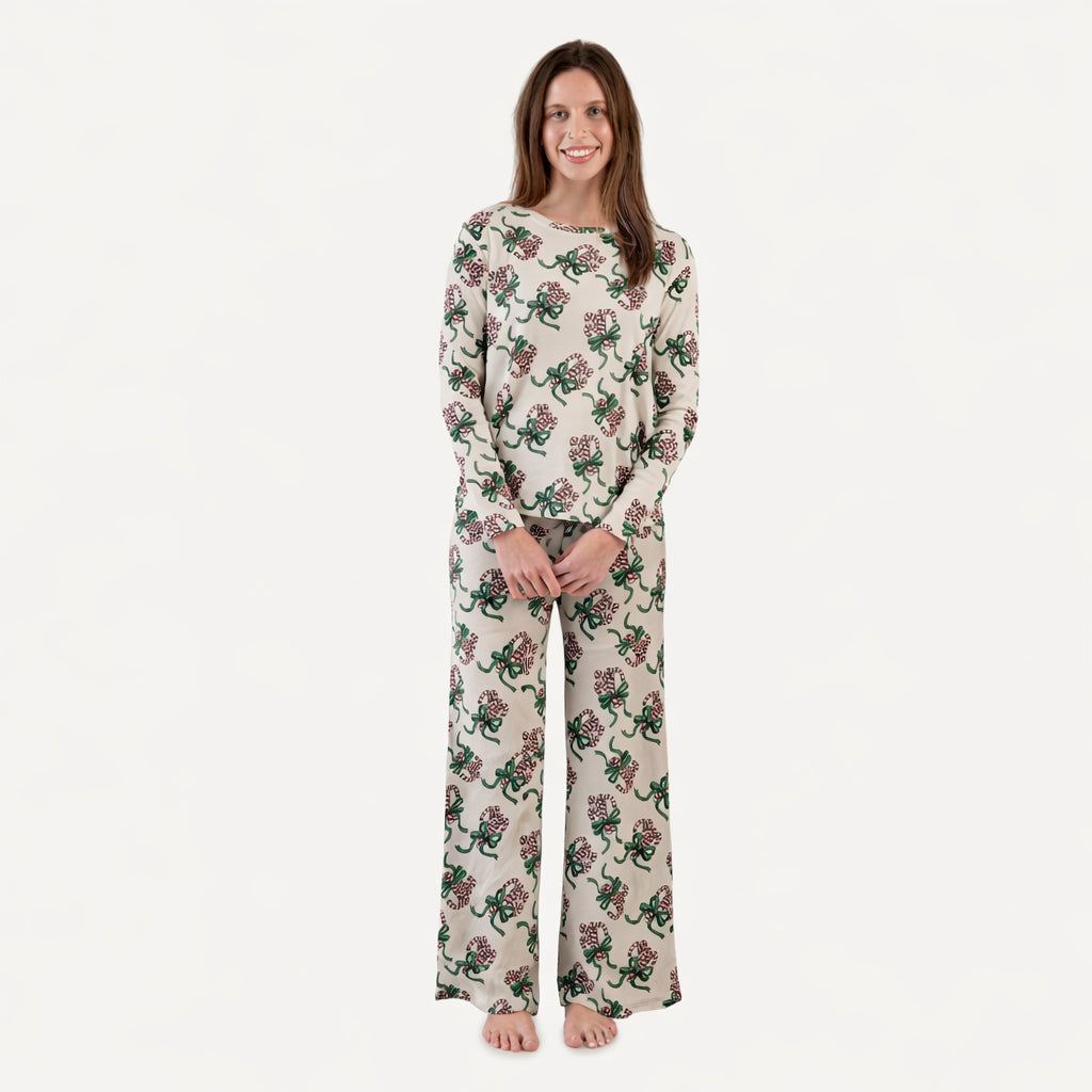 womens long sleeve crew neck pj set | candy canes | organic cotton flat rib