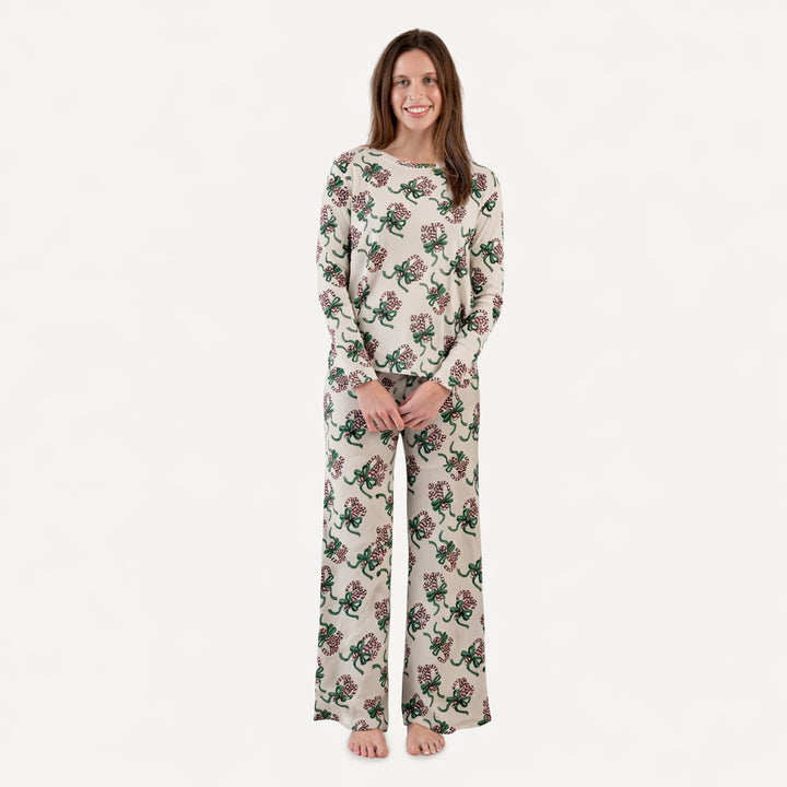 womens long sleeve crew neck pj set | candy canes | organic cotton flat rib