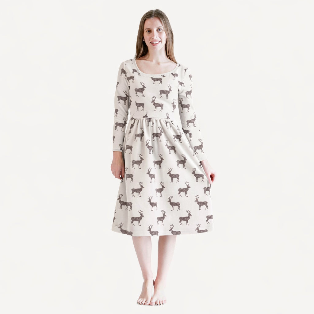 womens long sleeve scoop neck gathered dress | coffee reindeer | organic cotton flat rib