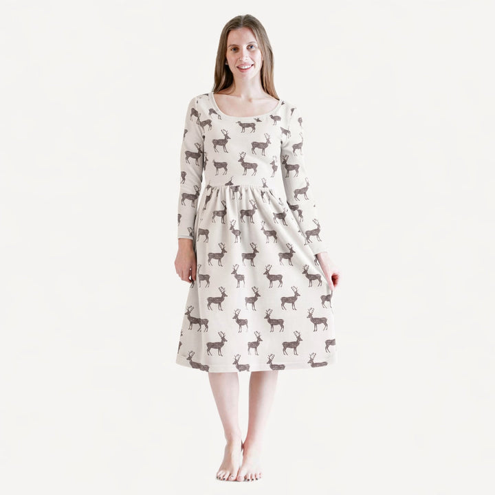 womens long sleeve scoop neck gathered dress | coffee reindeer | organic cotton flat rib