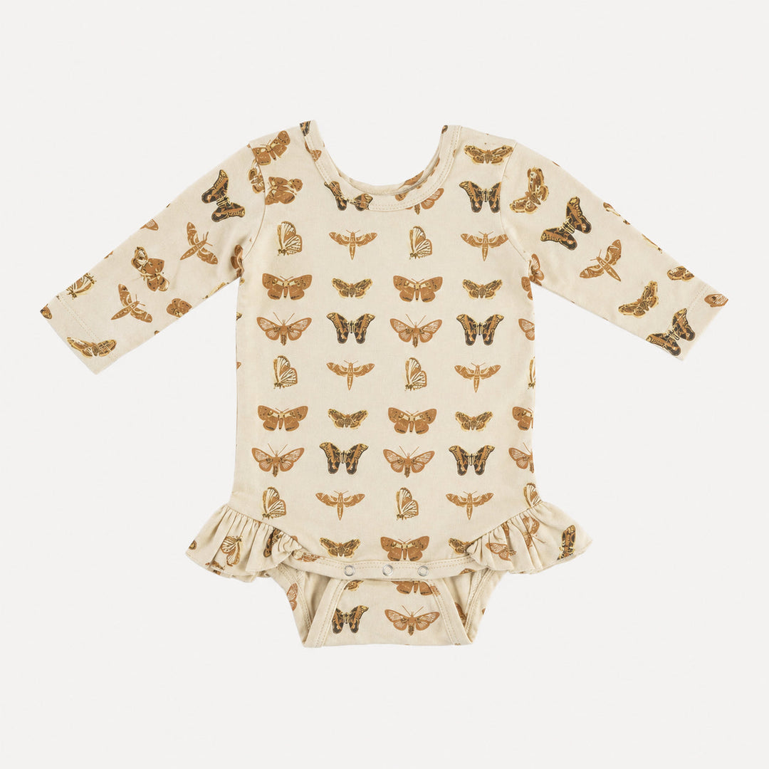 PREORDER long sleeve ruffle leg bodysuit | neutral moth | bamboo