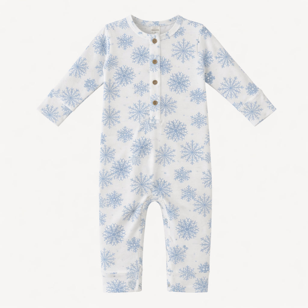 long sleeve sport union suit | blue snowflake | bamboo