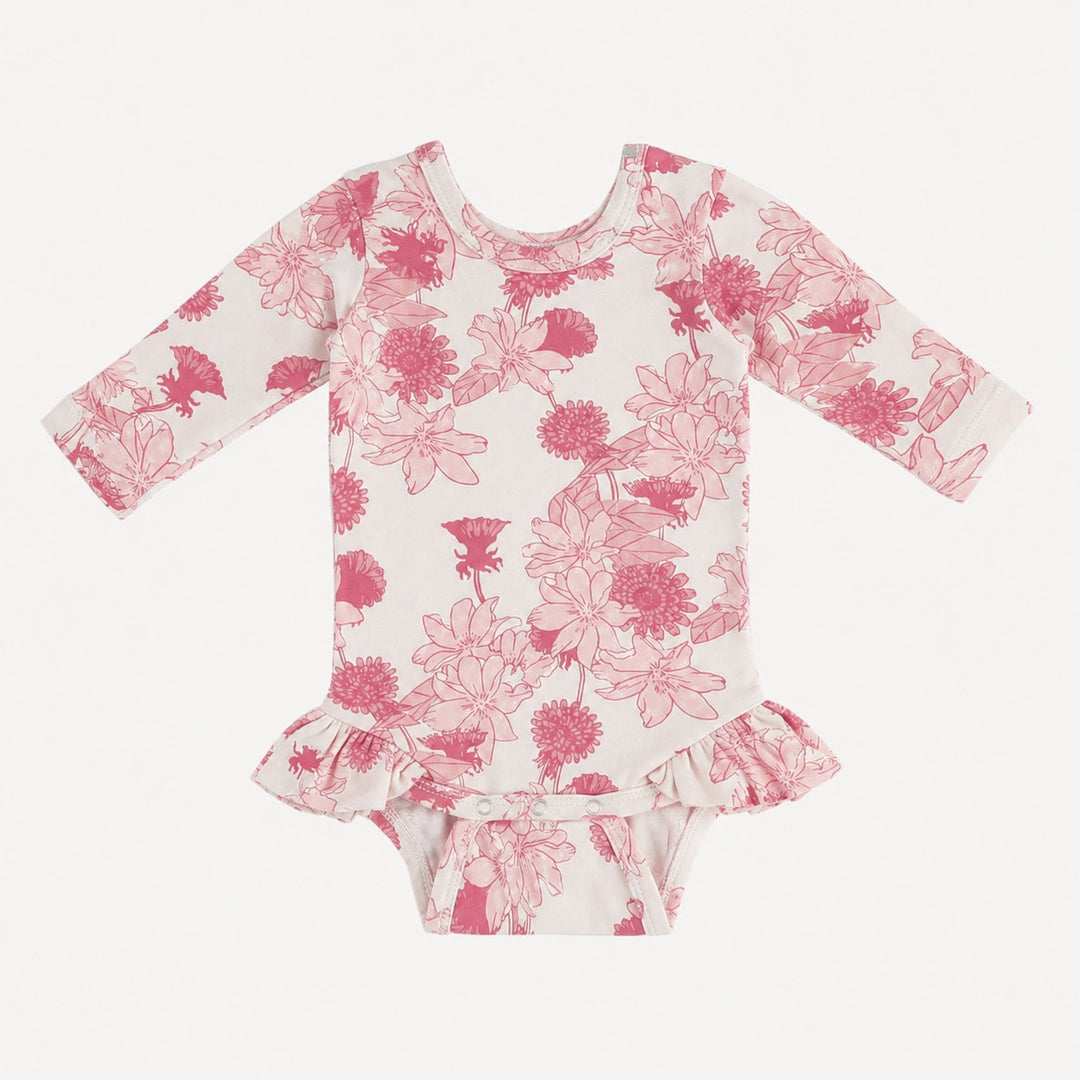 PREORDER long sleeve ruffle leg bodysuit | pink retro floral | organic cotton interlock