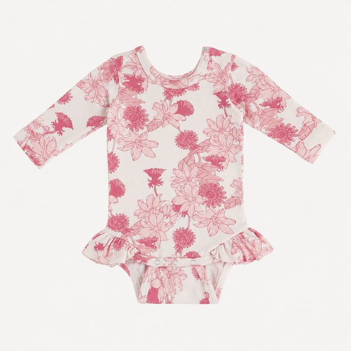 PREORDER long sleeve ruffle leg bodysuit | pink retro floral | organic cotton interlock