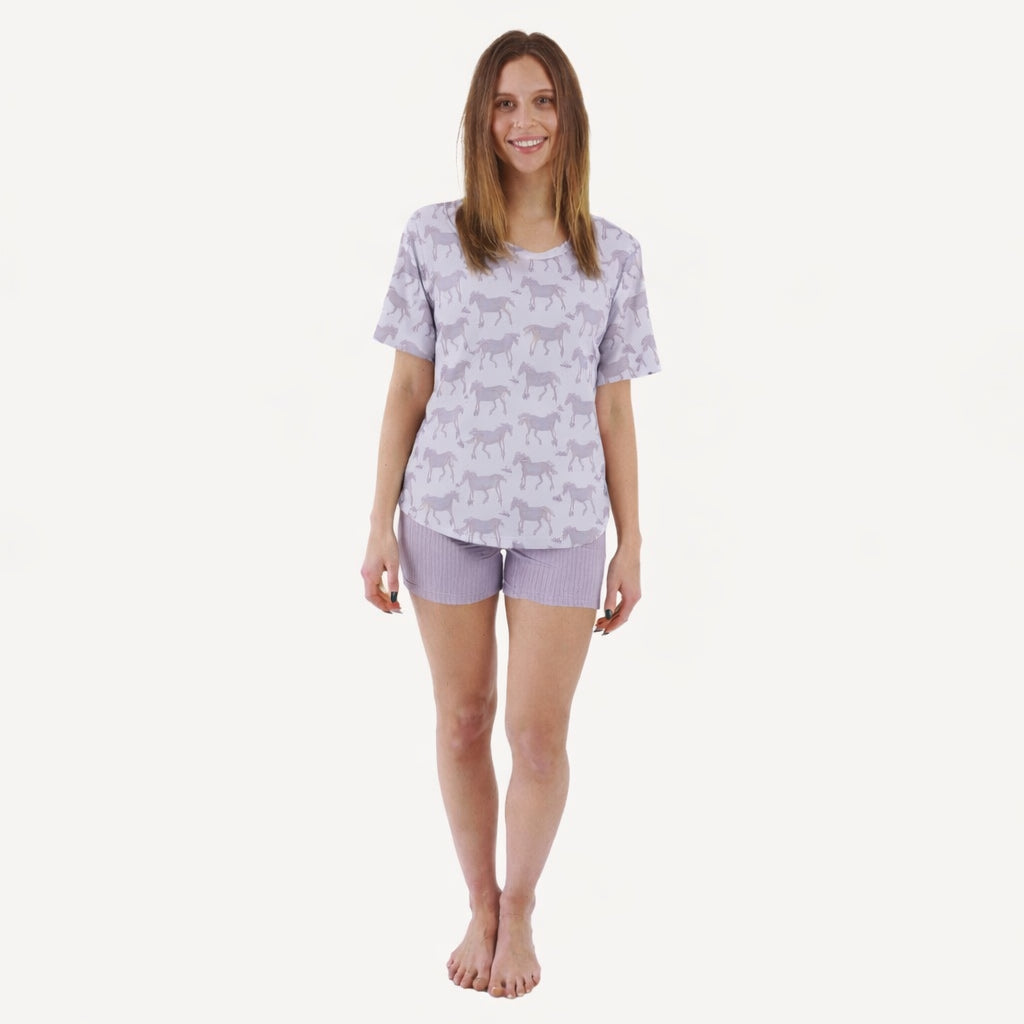 womens relaxed tee + bike short set | lavender horses | organic cotton jersey