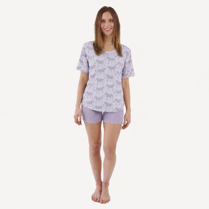 womens relaxed tee + bike short set | lavender horses | organic cotton jersey