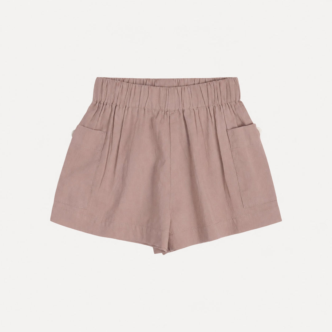 PREORDER gathered bubble pocket short | adobe rose | organic cotton interlock