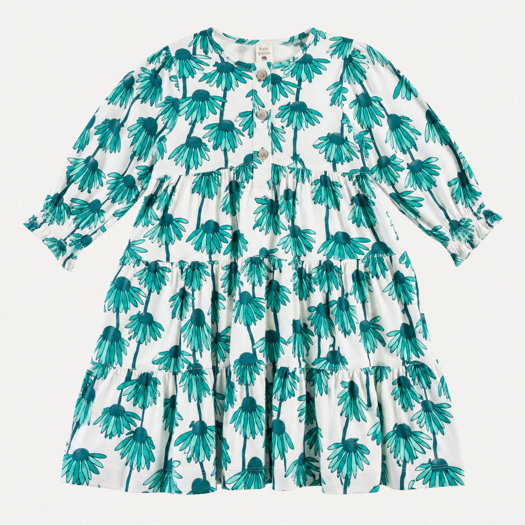 PREORDER long sleeve prairie dress | teal echinacea | bamboo