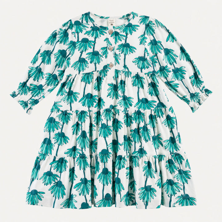 PREORDER long sleeve prairie dress | teal echinacea | bamboo