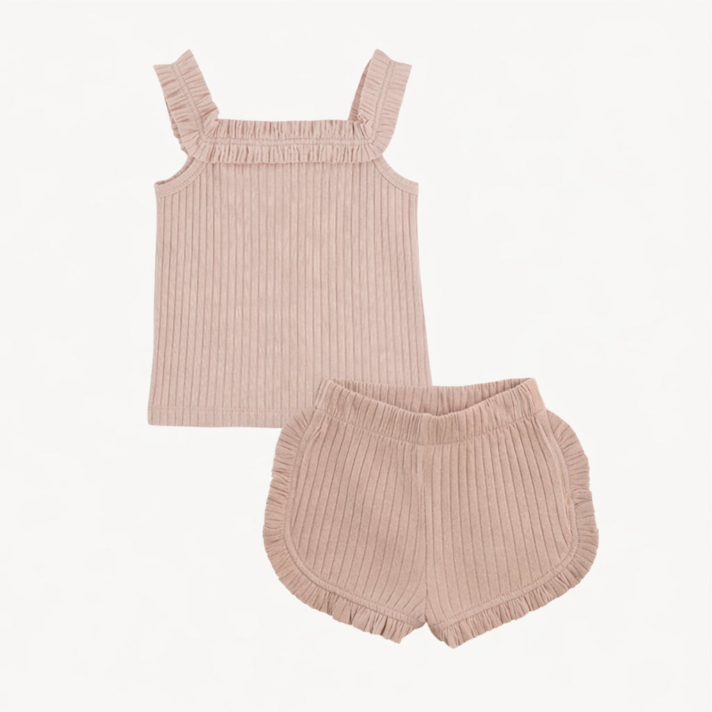 ruffle square neck tank + ruffle track short set | rose smoke | organic cotton wide rib