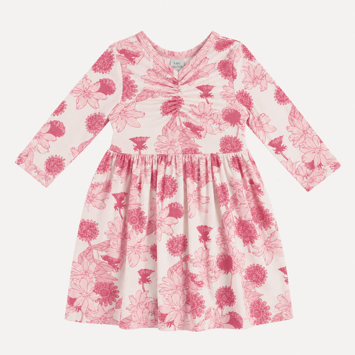 PREORDER long sleeve twirl dress | pink retro floral | organic cotton interlock