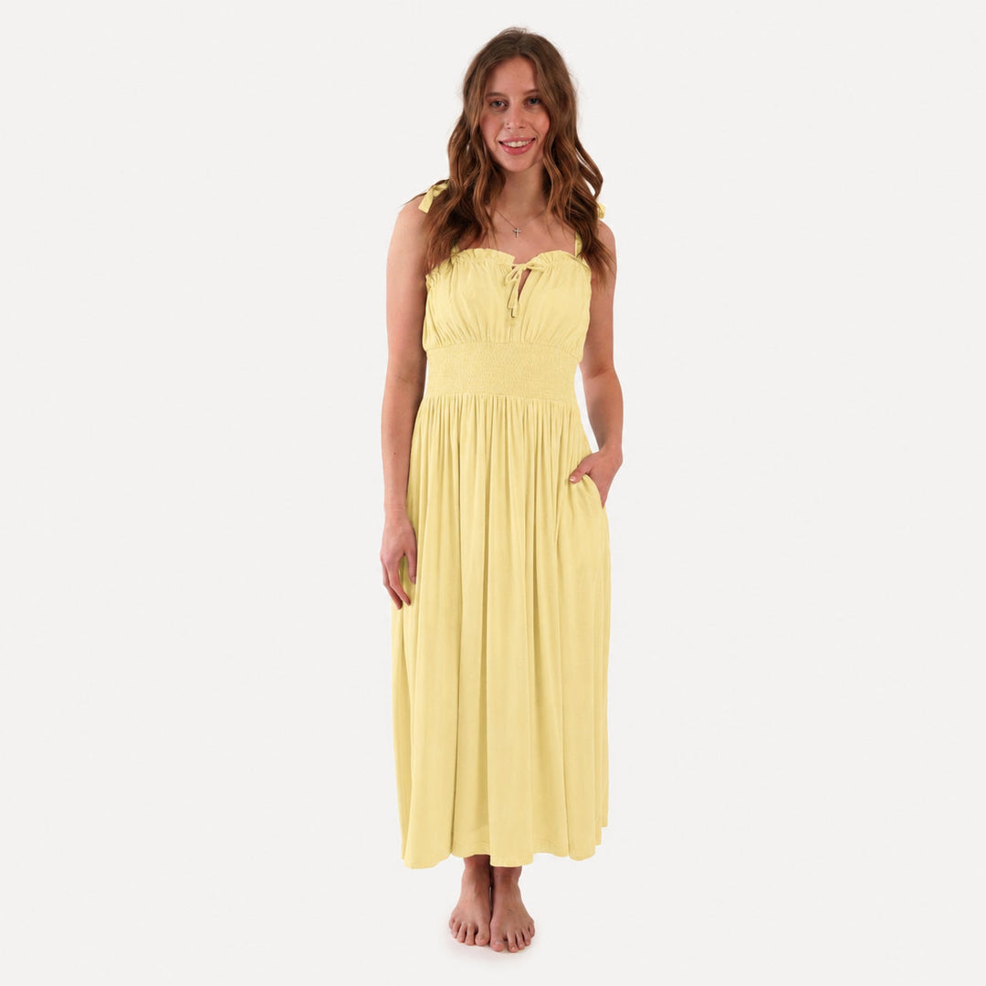 PREORDER womens spaghetti tie winnie dress | butter yellow | organic cotton interlock