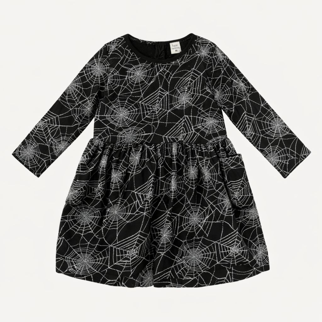long sleeve piped cargo pocket dress | spiderwebs | organic cotton interlock