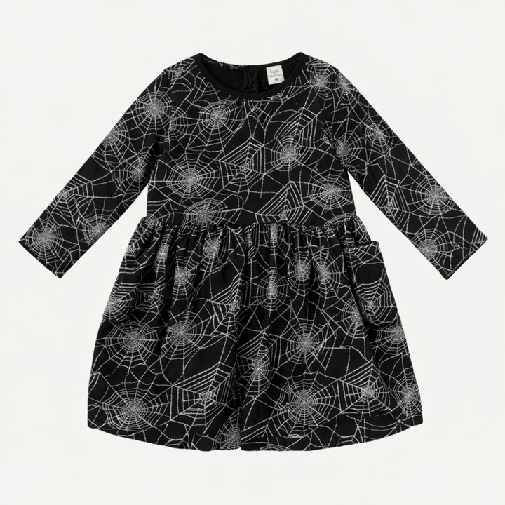 long sleeve piped cargo pocket dress | spiderwebs | organic cotton interlock