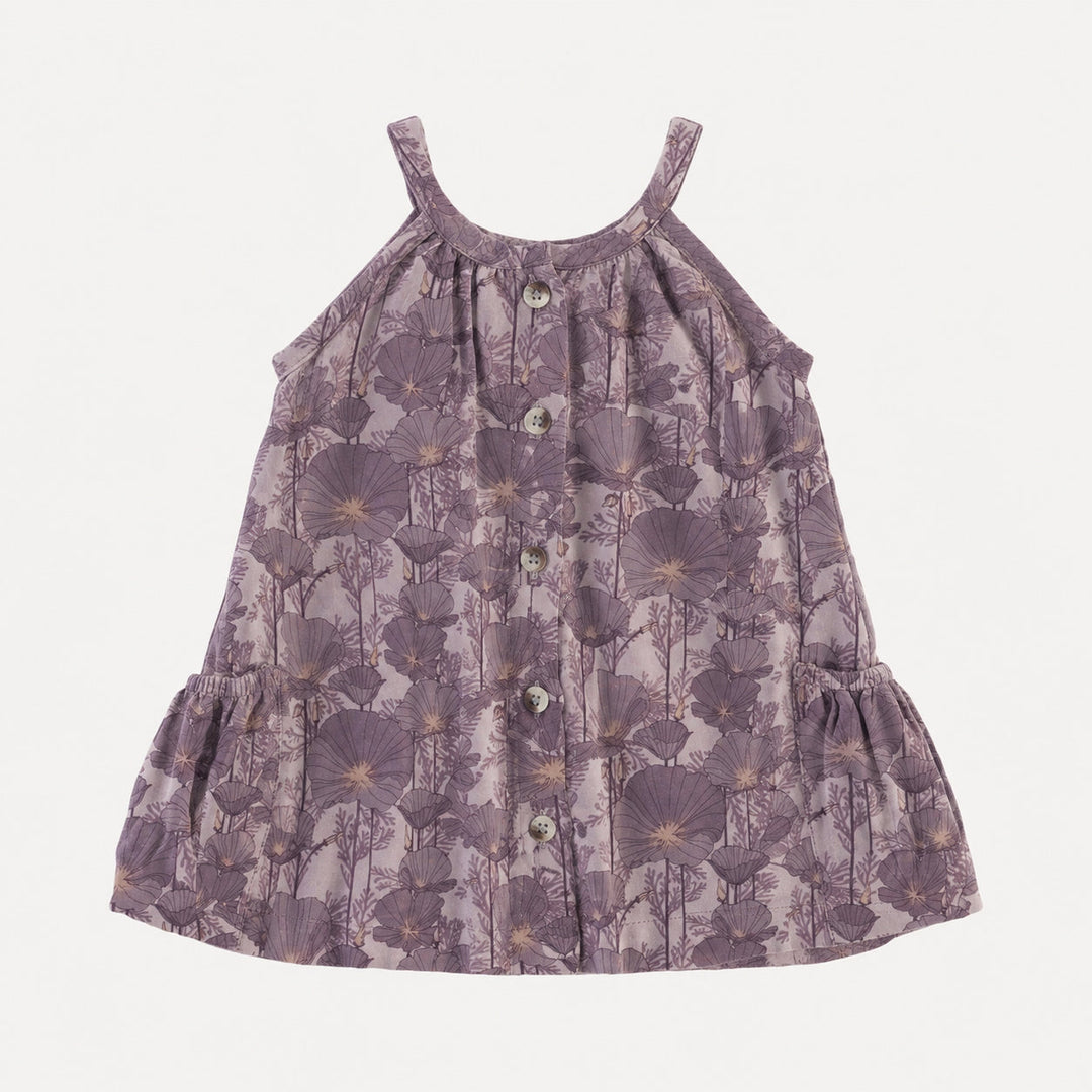 sleeveless button pocket dress | large purple poppies | organic cotton gauze