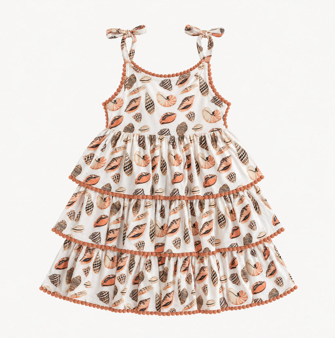 PREORDER spaghetti tie ruched ruffle tier pom pom dress | seashell | modal