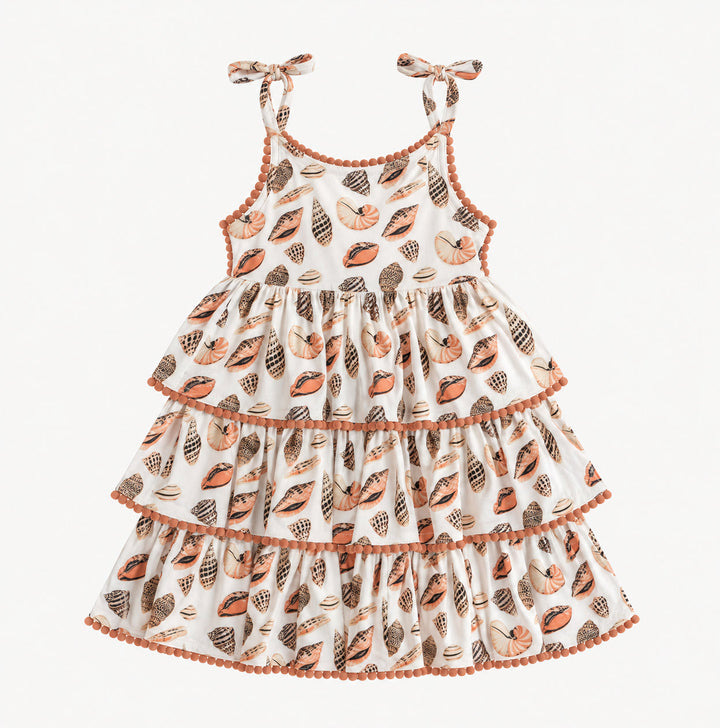 PREORDER spaghetti tie ruched ruffle tier pom pom dress | seashell | modal