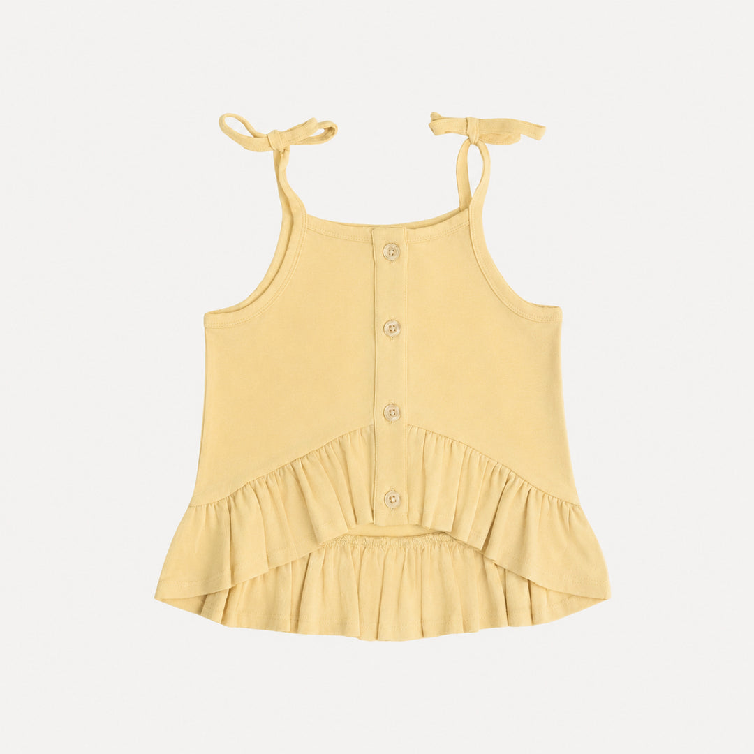 PREORDER spaghetti tie ruffle button top | butter yellow | organic cotton interlock