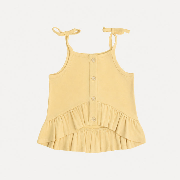 PREORDER spaghetti tie ruffle button top | butter yellow | organic cotton interlock