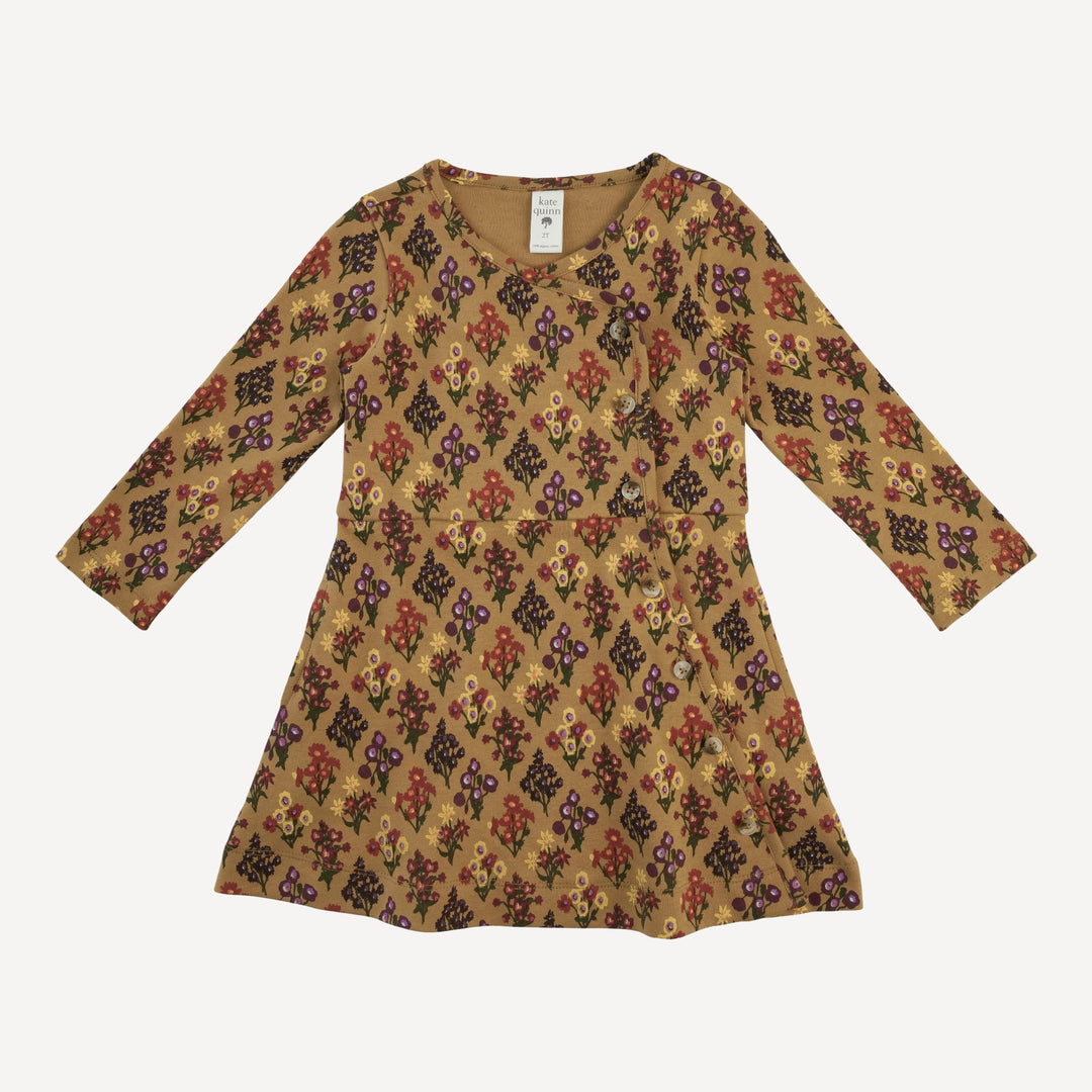 long sleeve button wrap dress | apple cinnamon floral bouquet | organic cotton interlock
