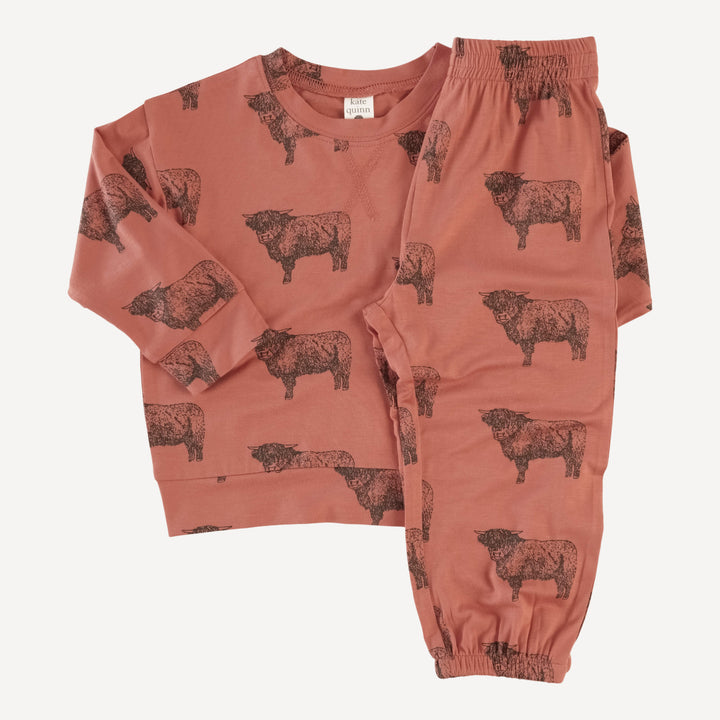 long sleeve boxy topstitch tee + relaxed jogger set | aragon highland cow | bamboo