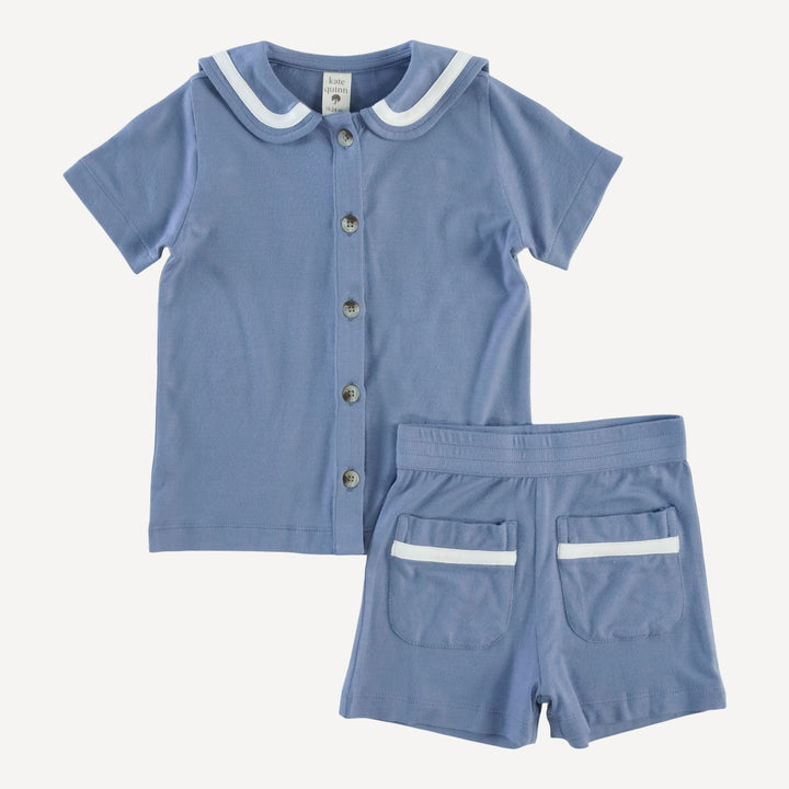 short sleeve sailor collar top + front pocket short set | arctic ocean | bamboo