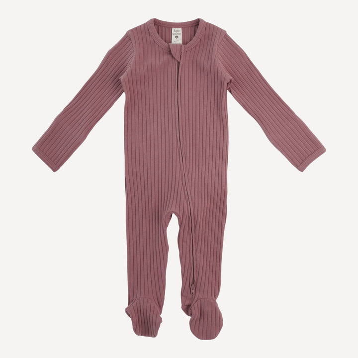 long sleeve two way zipper footie | ash rose | organic cotton wide rib