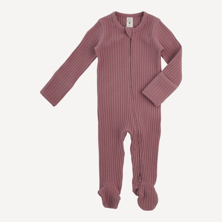 long sleeve two way zipper footie | ash rose | organic cotton wide rib