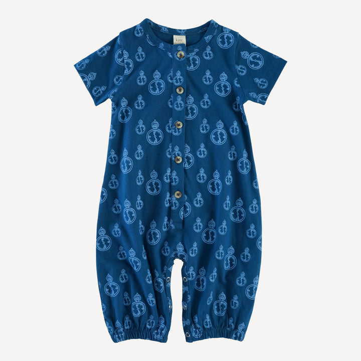 short sleeve button bubble jumpsuit | azure pocket watch | organic cotton jersey