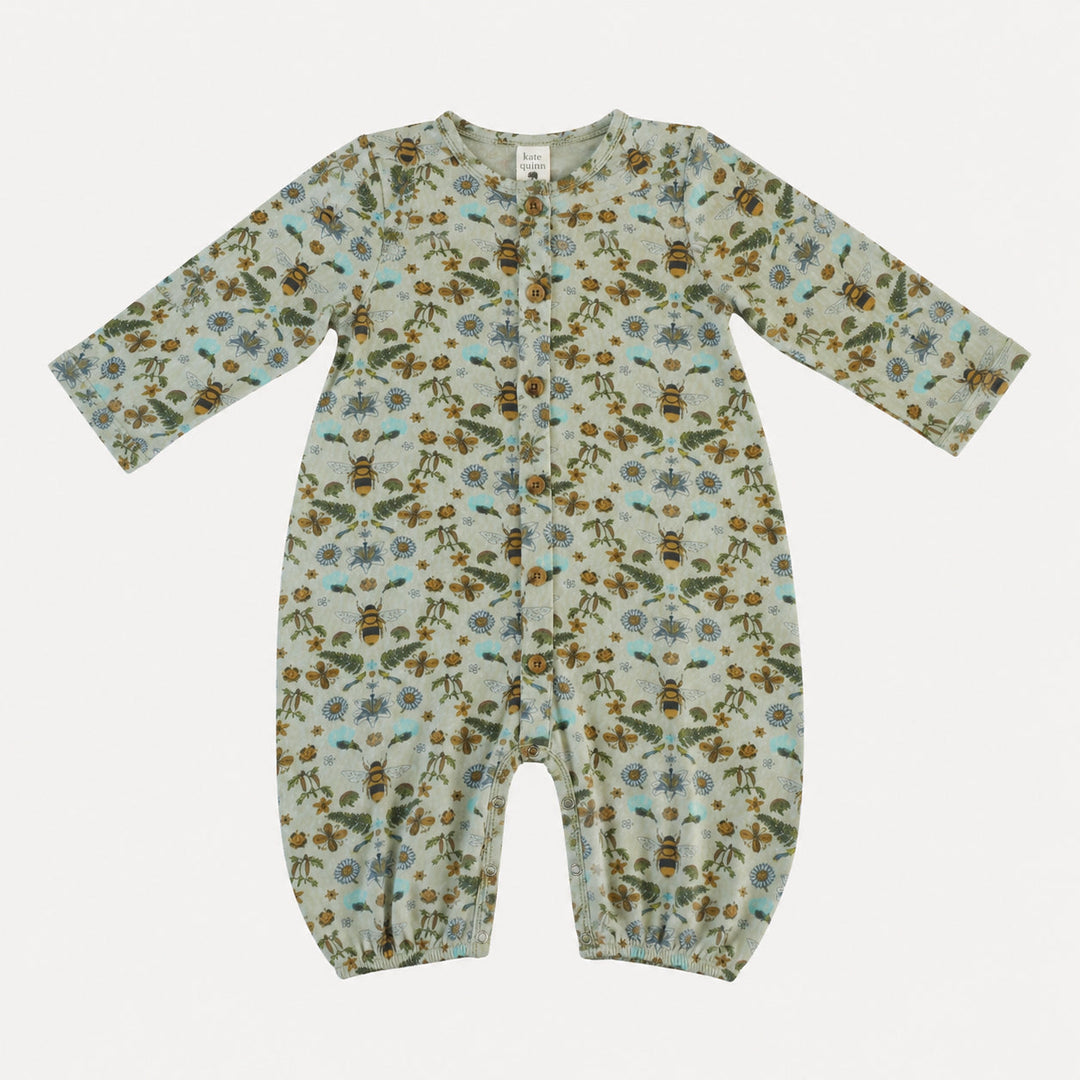 PREORDER long sleeve button bubble jumpsuit | green litho bee | bamboo