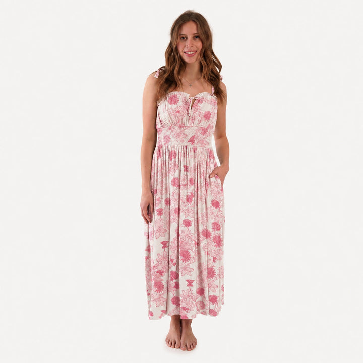 PREORDER womens spaghetti tie winnie dress | pink retro floral | organic cotton interlock