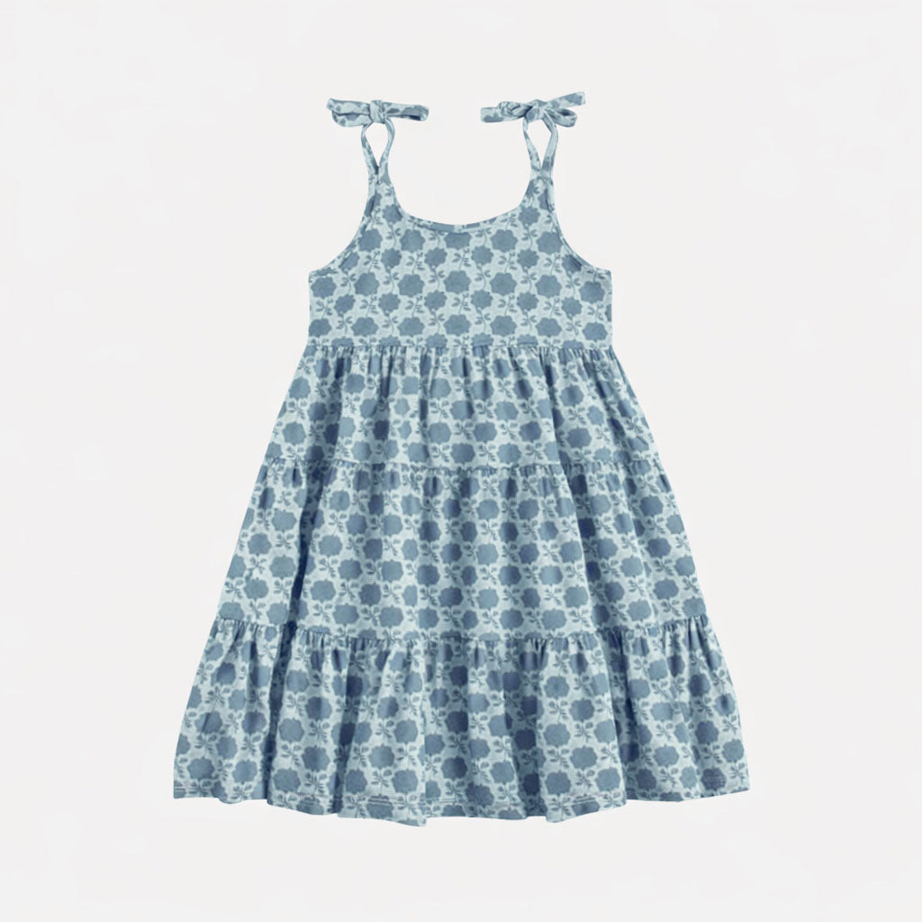 spaghetti tie prairie dress | blue calico | organic cotton jersey