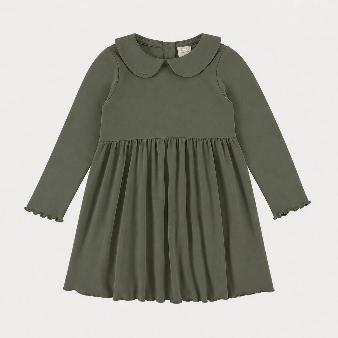 PREORDER long sleeve lettuce peter pan dress | bronze green | organic cotton interlock
