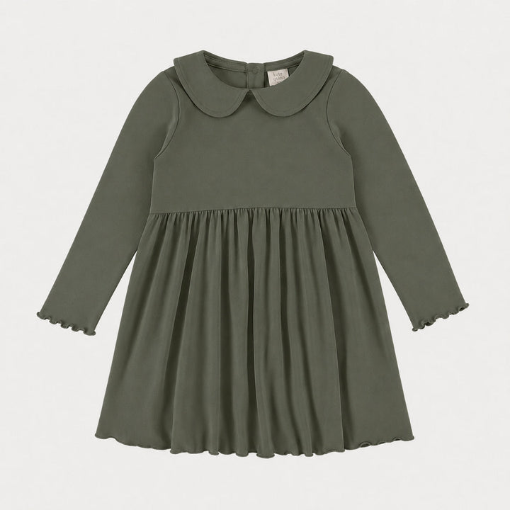 PREORDER long sleeve lettuce peter pan dress | bronze green | organic cotton interlock