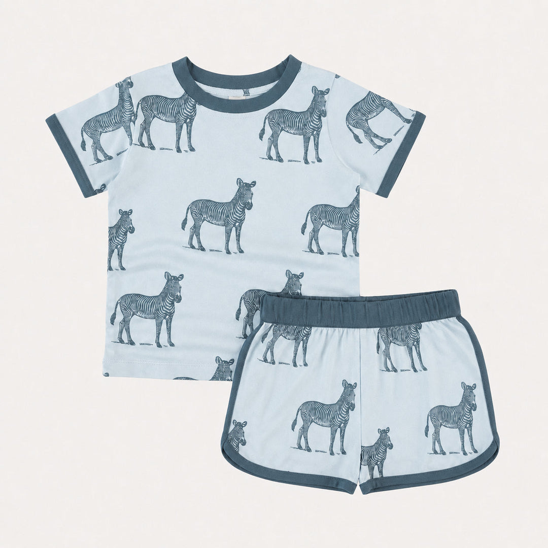 PREORDER short sleeve ringer tee + retro track short set | blue zebra | bamboo