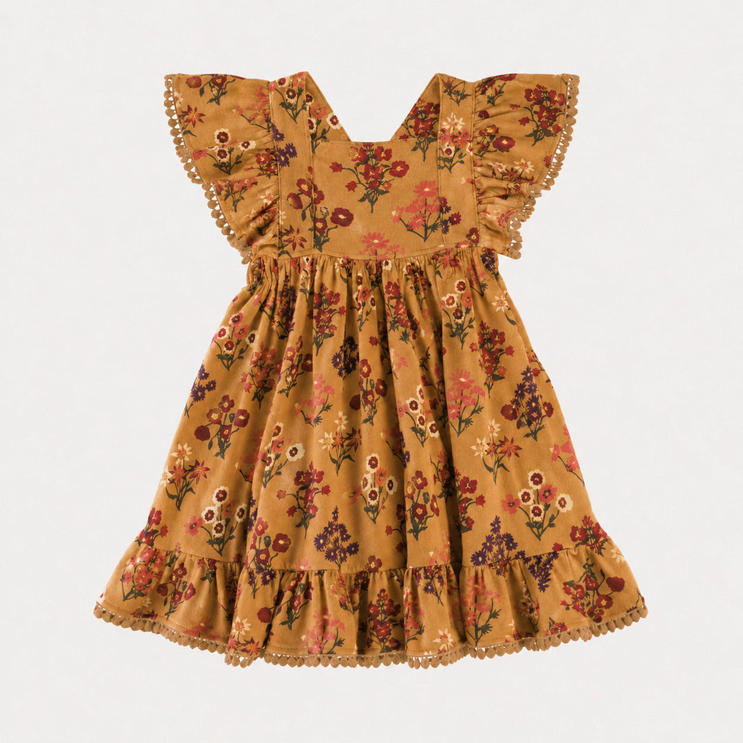 PREORDER ruffle strap pom pom dress | apple cinnamon floral bouquet | organic cotton interlock
