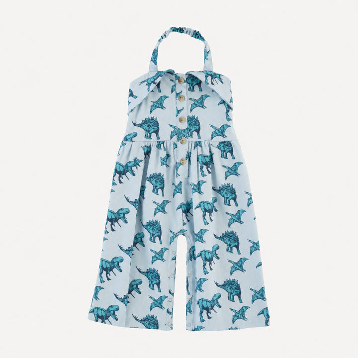 PREORDER folded collar halter gaucho jumpsuit | aqua dinosaur | organic cotton interlock