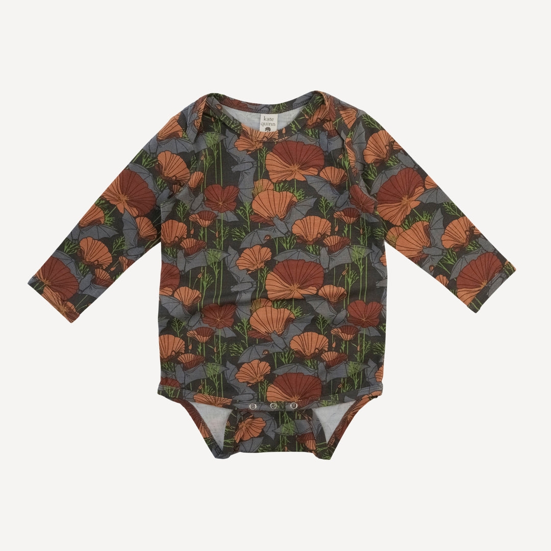 long sleeve lap neck bodysuit | bats + poppies | bamboo
