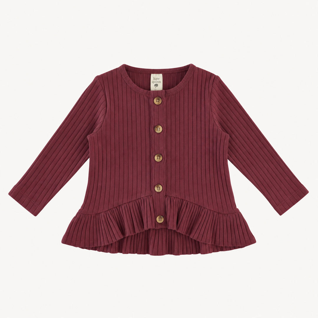 PREORDER long sleeve ruffle button top | wild ginger | organic cotton wide rib
