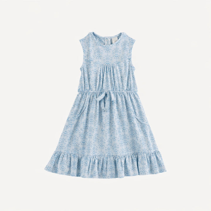 sleeveless gathered waist tie dress | cornflower folk wallpaper | organic cotton gauze