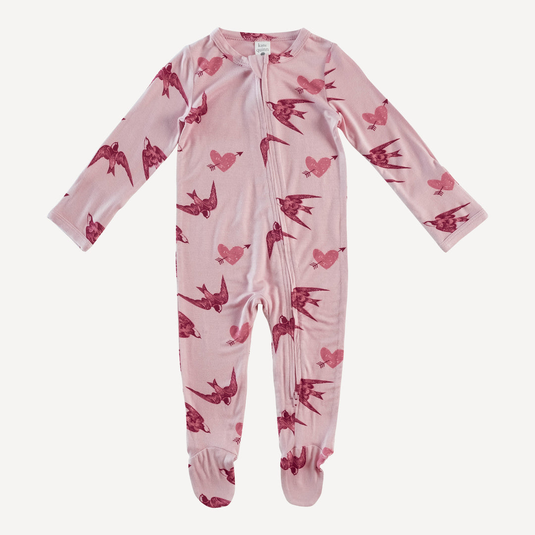 long sleeve two way zipper footie | birds & hearts | lenzing modal