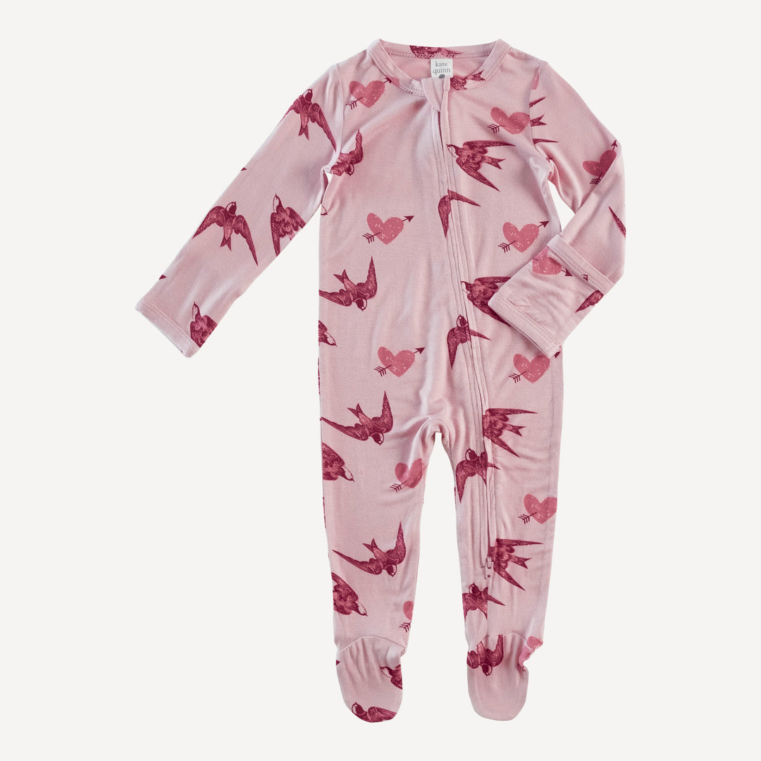 long sleeve two way zipper footie | birds & hearts | lenzing modal