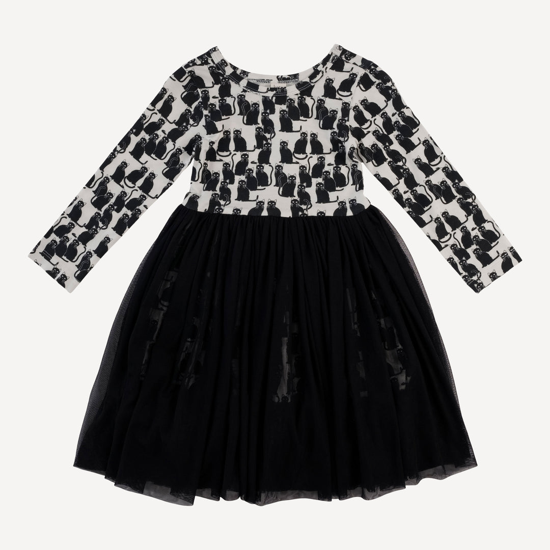 long sleeve ballerina tulle dress | black cats | organic cotton interlock