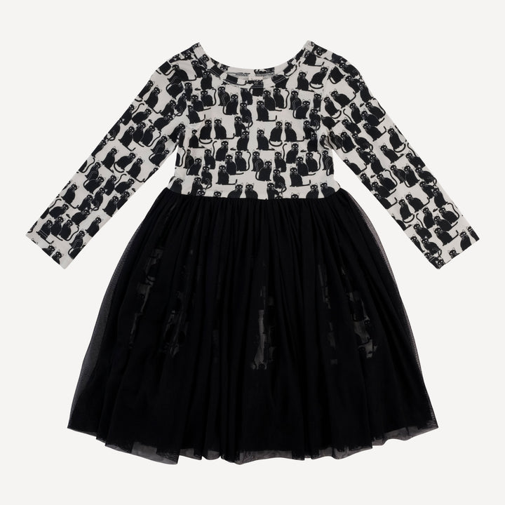 long sleeve ballerina tulle dress | black cats | organic cotton interlock