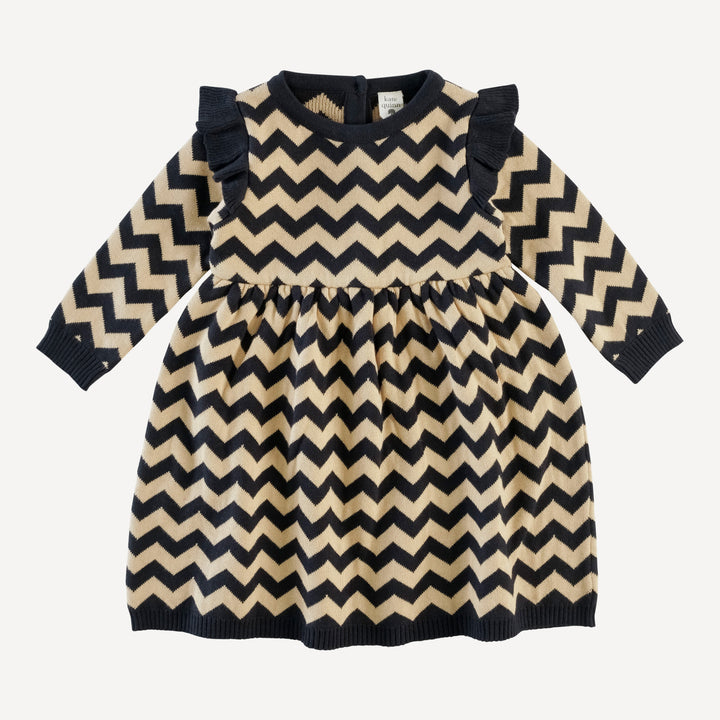 long sleeve ruffle sweater dress | black chevron stripe | organic cotton jacquard knit