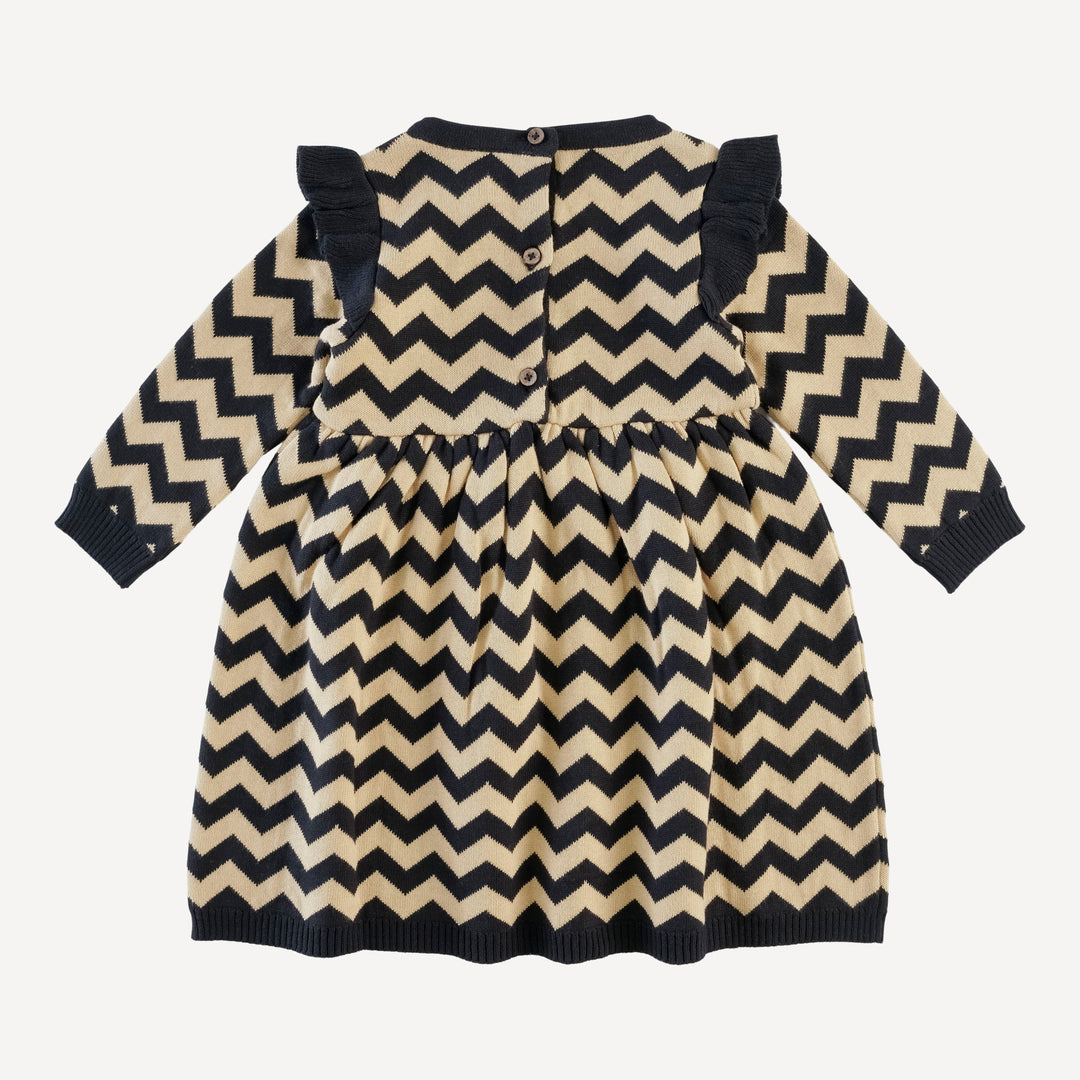 long sleeve ruffle sweater dress | black chevron stripe | organic cotton jacquard knit